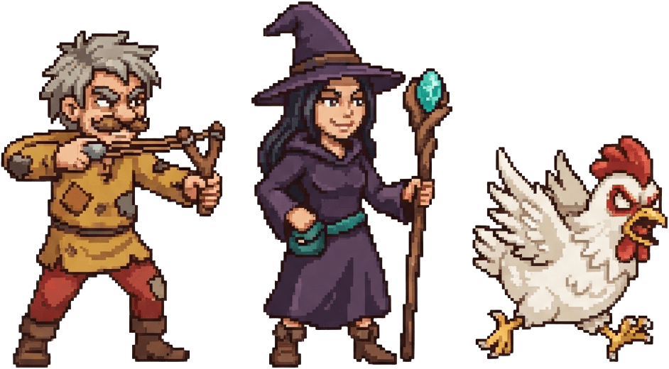 Image: Pixel art game sprite atlas exactly three separate