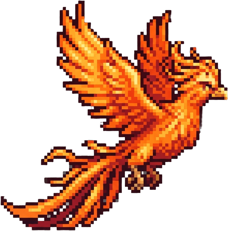 Image: pixel art game sprite of a fire bird, bright orang
