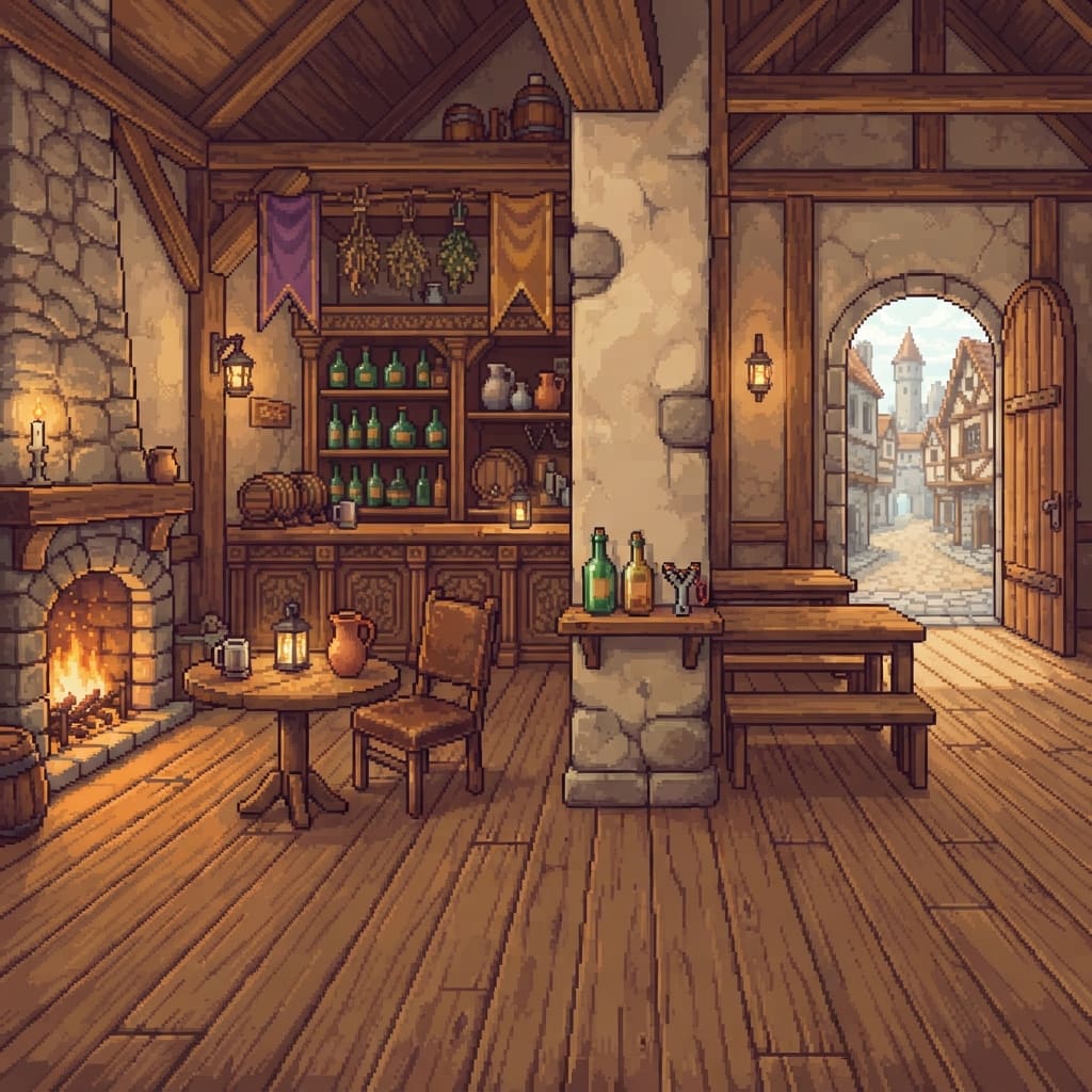 Image: Pixel art visual novel game background, widescreen