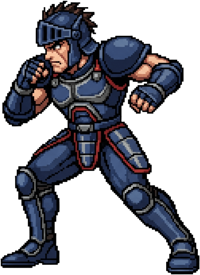 Image: Pixel art sprite of a rival fighter in dark blue b