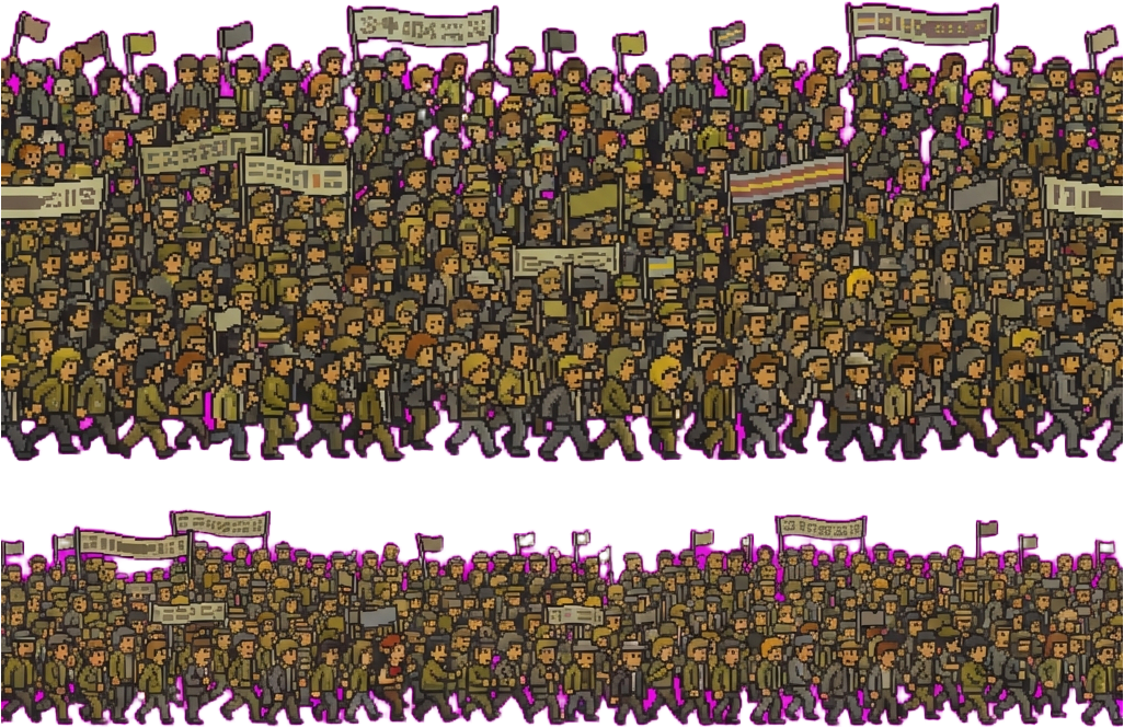 Image: seamless tileable 16-bit pixel art side-view crowd