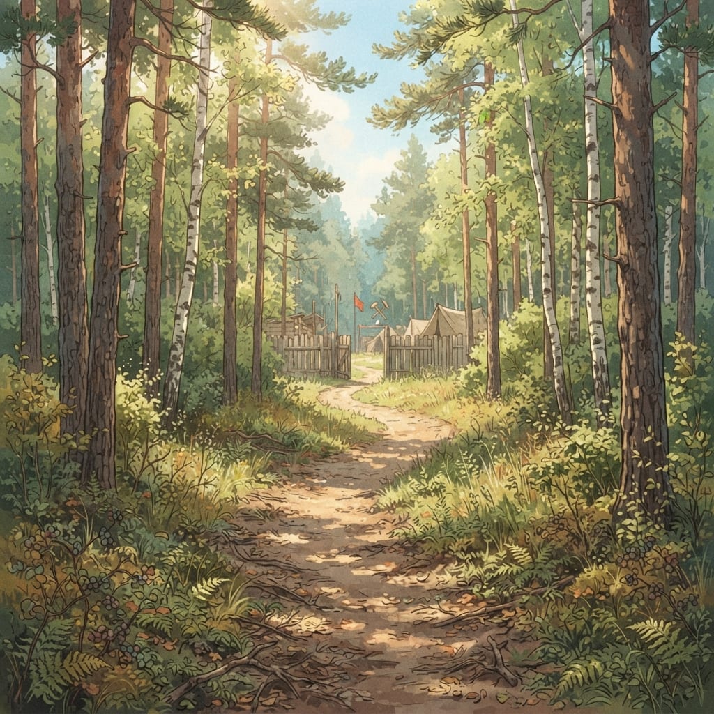 Image: A forest path near a Soviet pioneer camp at midday