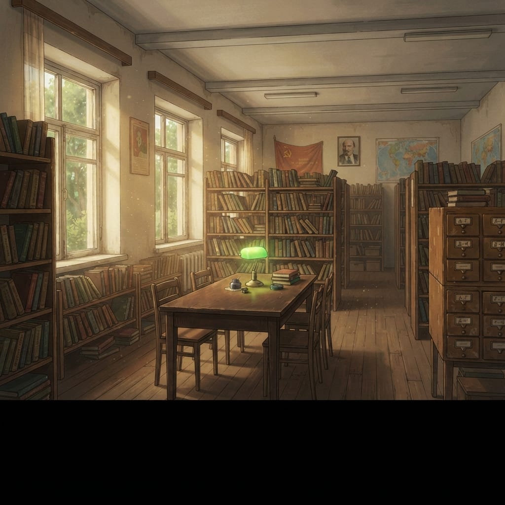 Image: Empty Soviet camp library interior in 1987: wooden