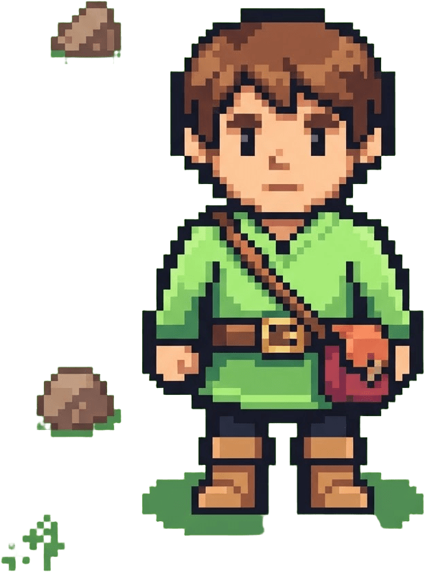Image: pixel art top-down RPG hero character sprite, youn