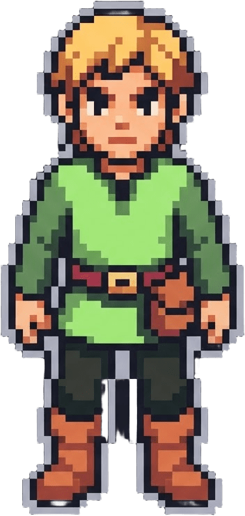 Image: pixel art top-down RPG hero character sprite, a si