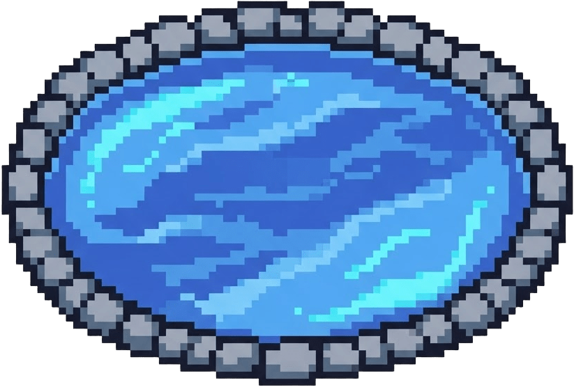 Image: pixel art small oval pond of water, top-down view,