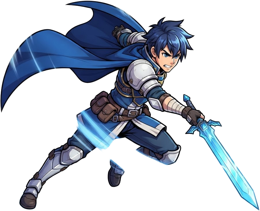 Image: same anime warrior character, swinging glowing swo