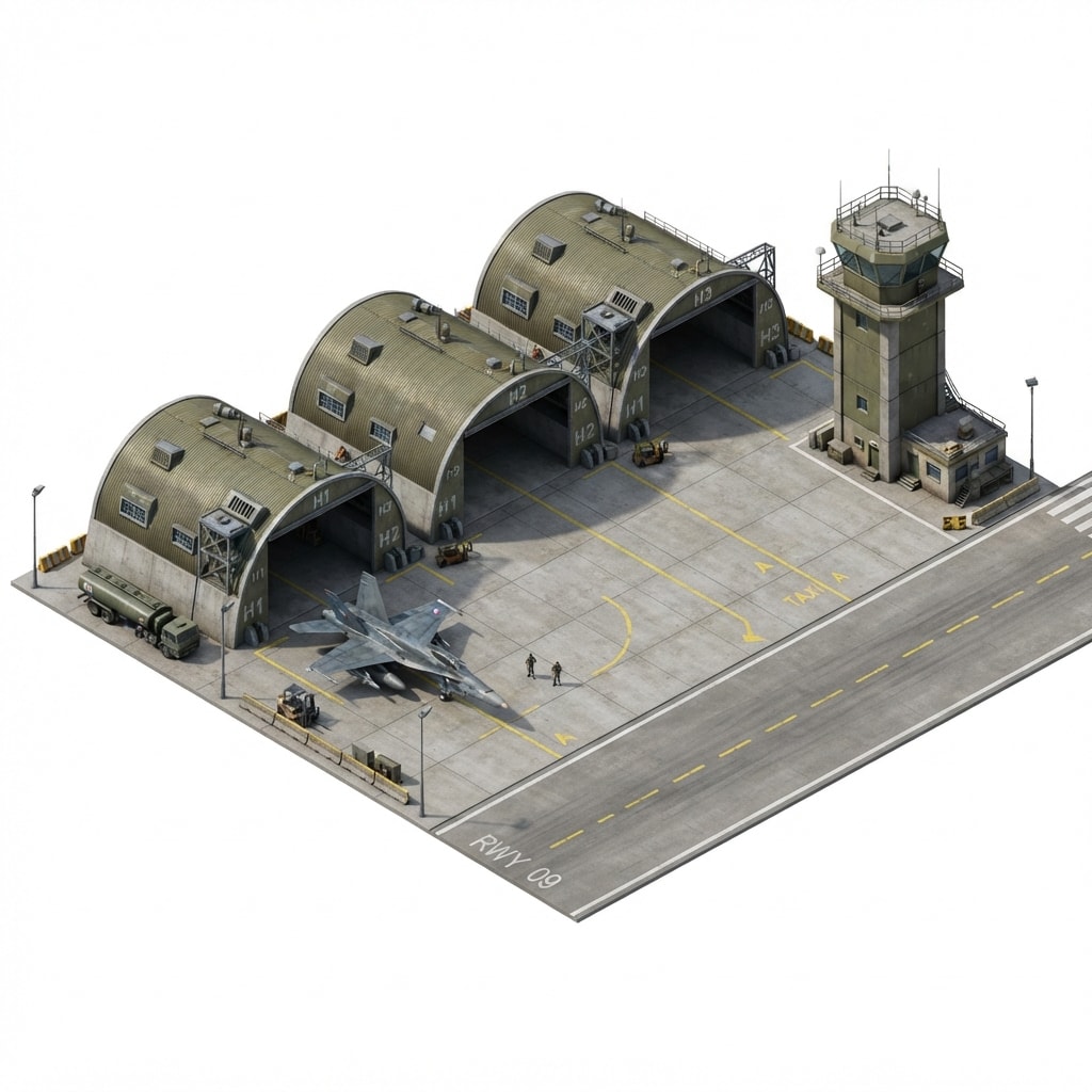 Image: Small military airfield: long runway strip beside