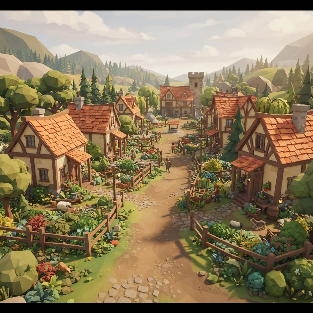 Image: Stylized low-poly hamlet, cream plaster walls, tim