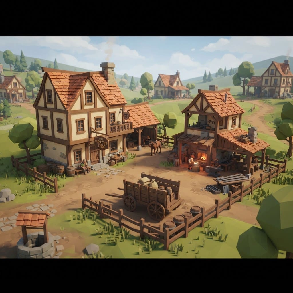 Image: Stylized low-poly hamlet, cream plaster walls, tim
