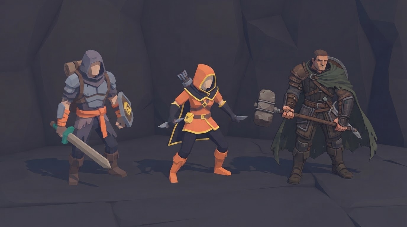 The three heroes in chunky low-poly