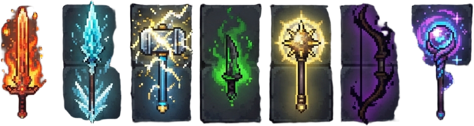 Image: Set of 7 distinct glowing weapon icons for top-dow
