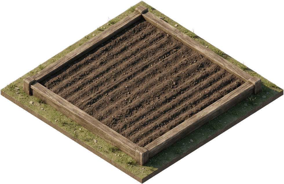 Image: Single isometric 2.5D farm plot tile, a raised dia