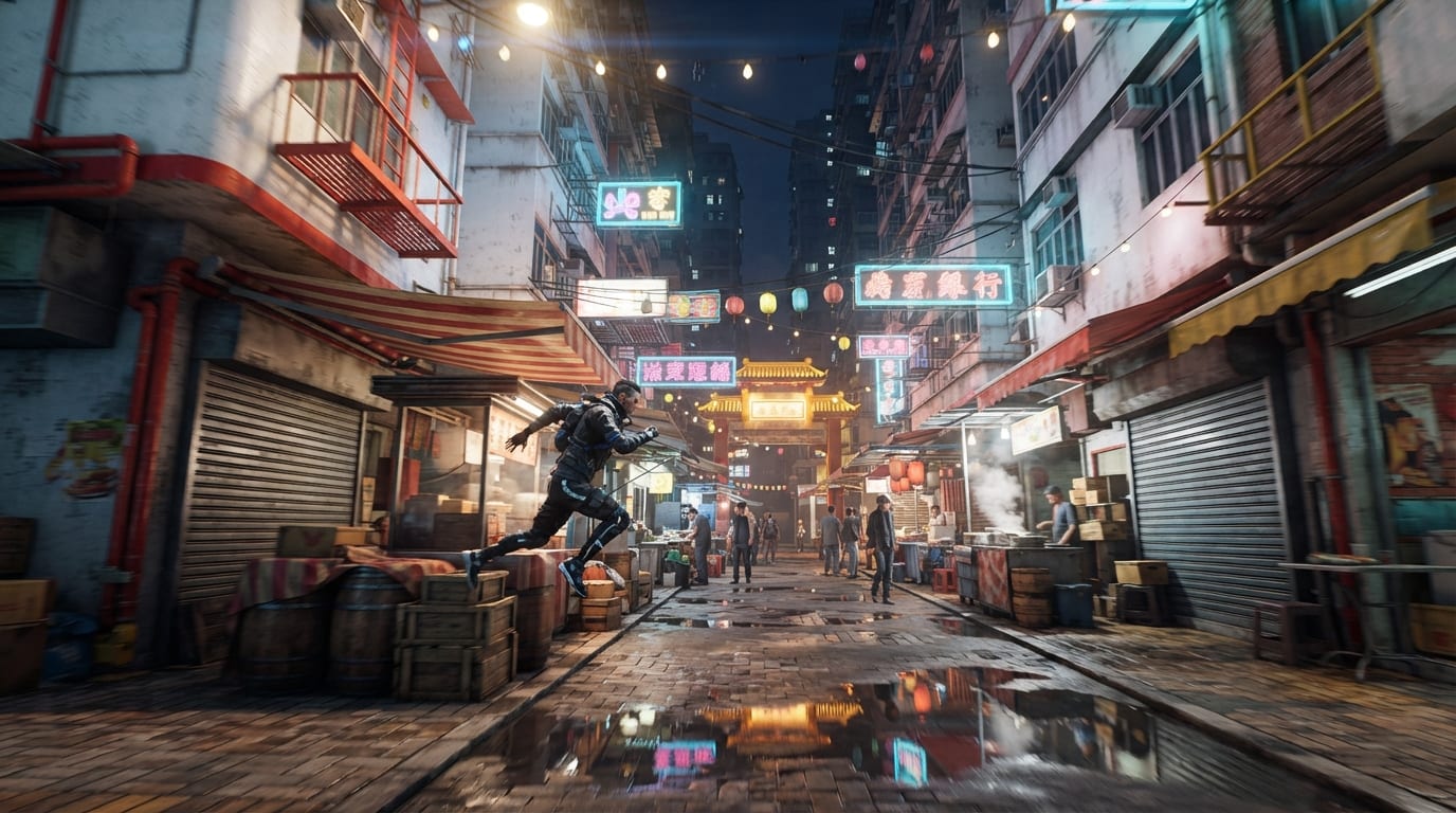 A neon market canyon