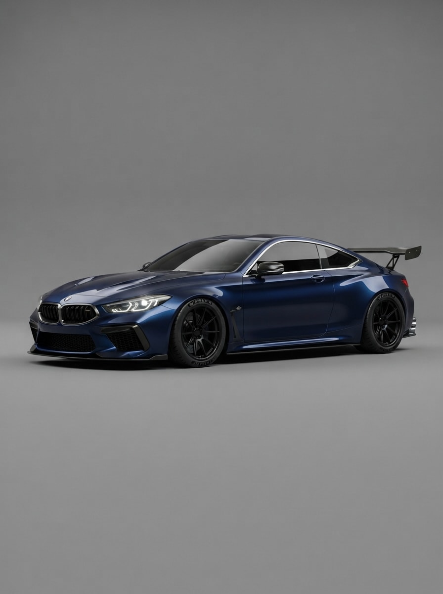 A midnight-blue sports coupe