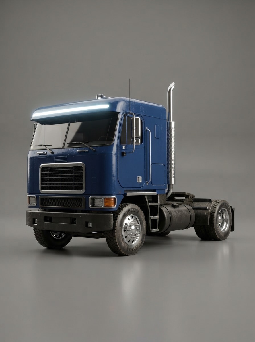 Midnight-blue cab-over hauler