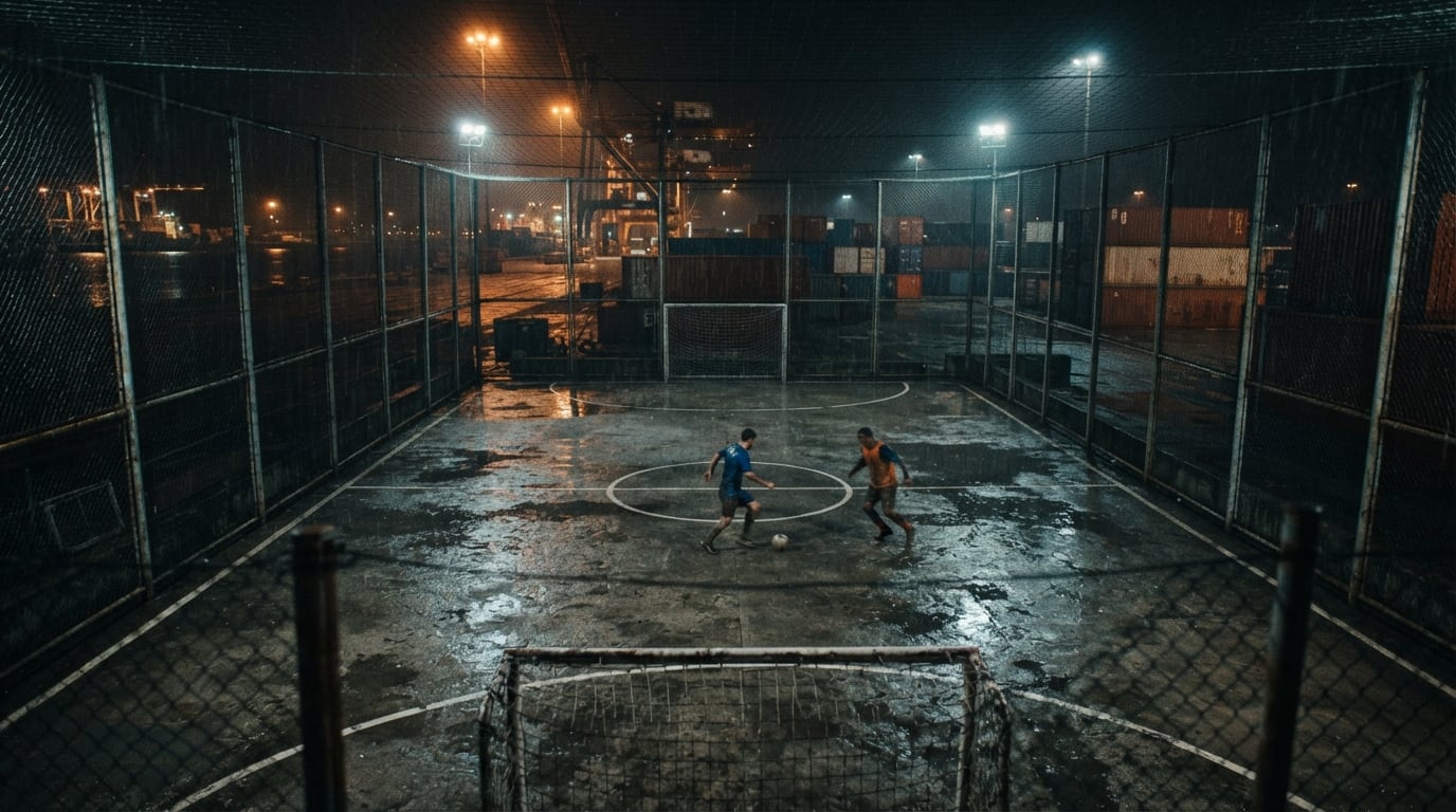 Rain-soaked dock cage