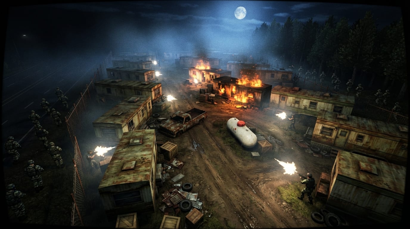 A burning trailer park