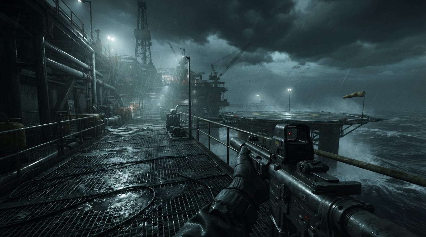 A storm-lashed oil rig