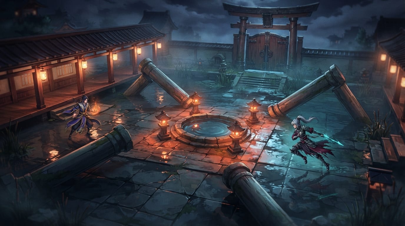 A flooded shrine courtyard