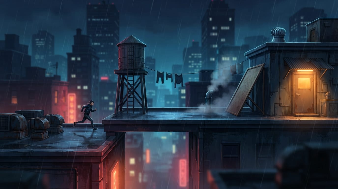 A rain-soaked rooftop maze