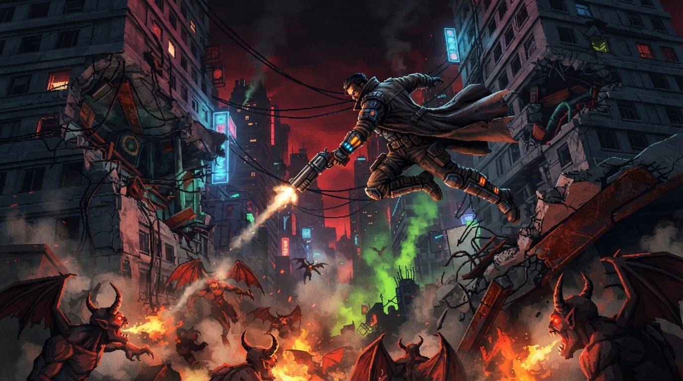 Rooftop descent — leaping the collapsing skyline