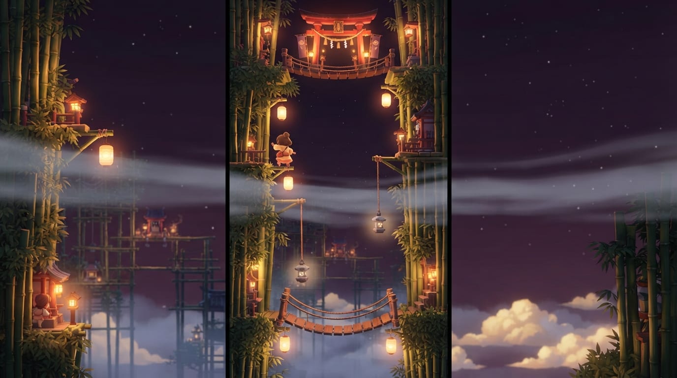 A lantern-lit bamboo sky shrine