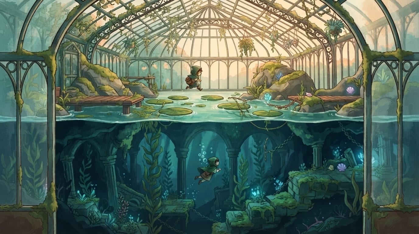 Flooded greenhouse cutaway (no text)