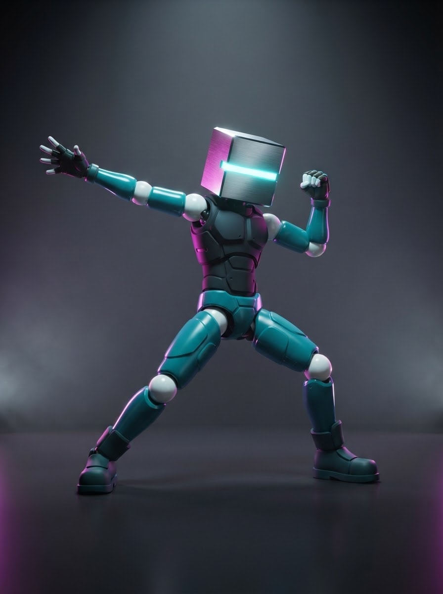A chrome cube-headed dancer