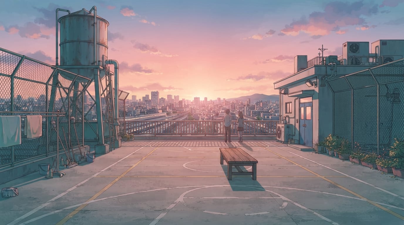 A rooftop above the city
