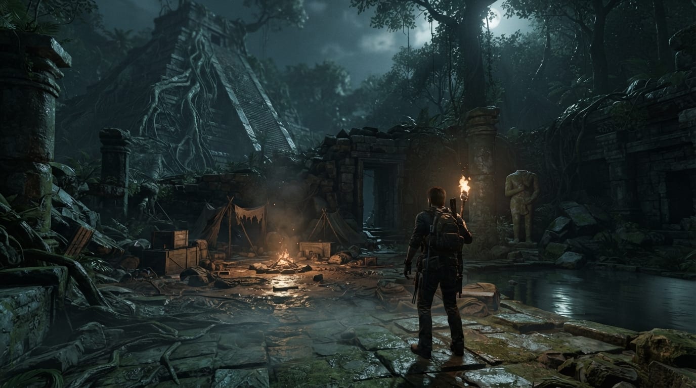 A vine-choked temple ruin