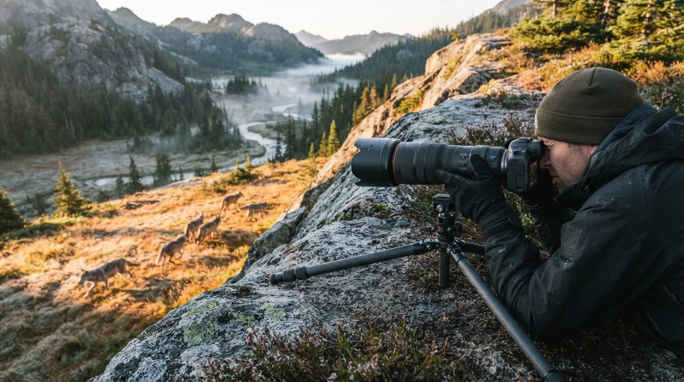 Frame a wolf pack at dawn