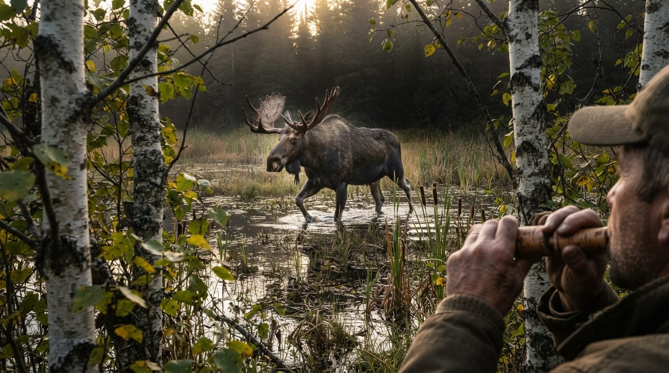 Call a bull moose from the timber