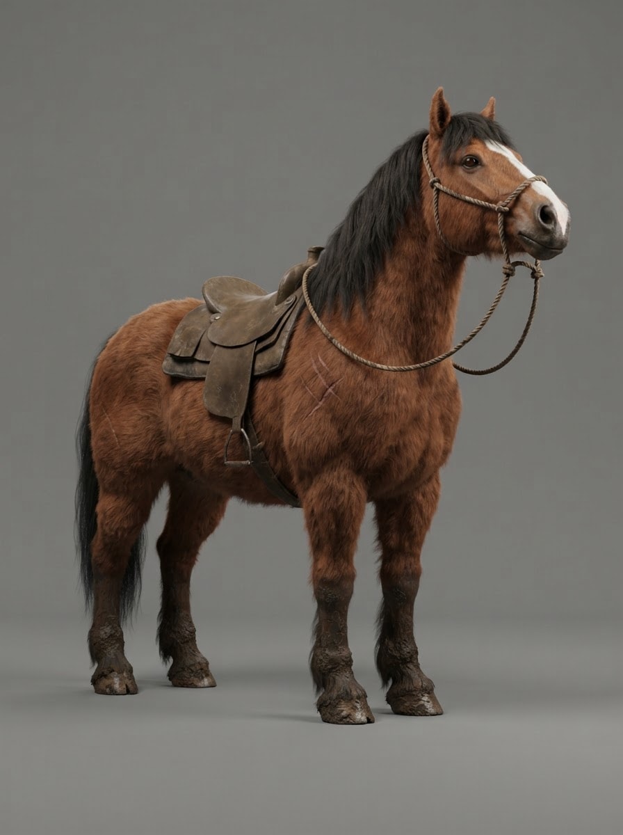 A shaggy brown warhorse