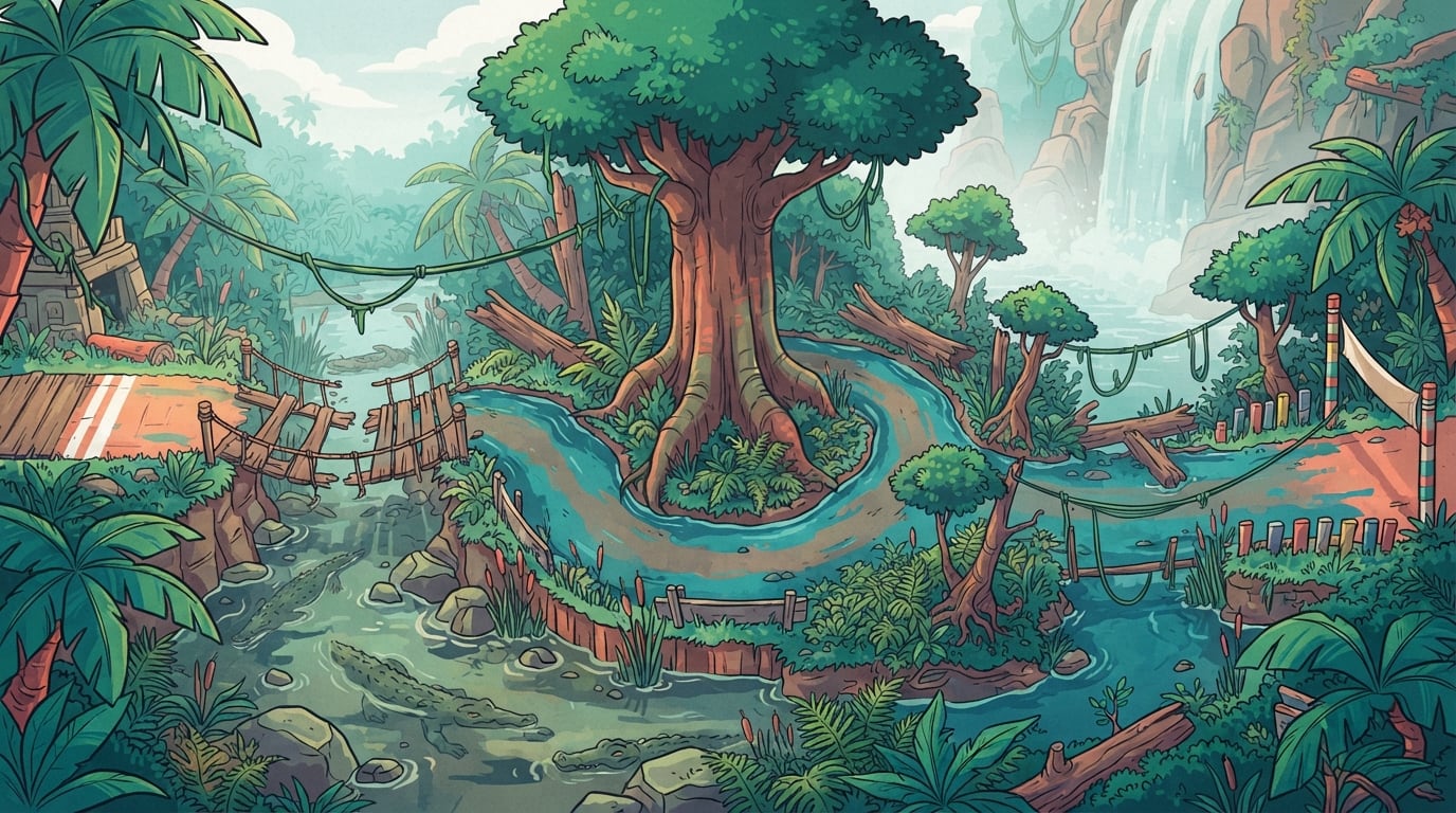 A flooded jungle bridge