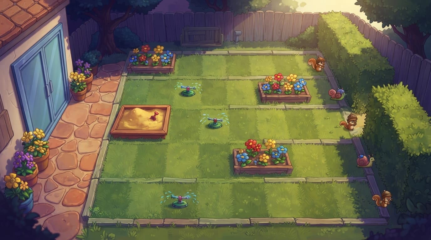 A hedge-lined backyard lawn