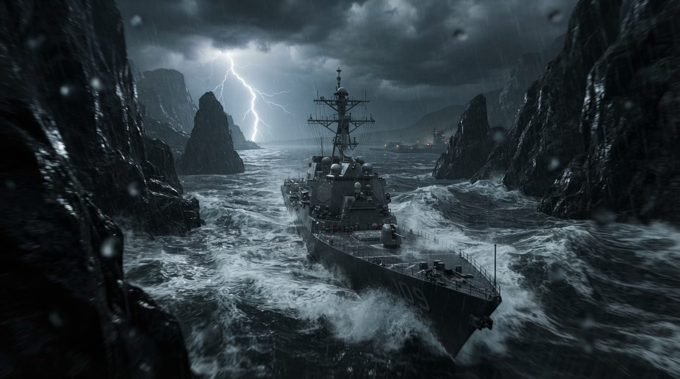 A storm-lashed naval strait