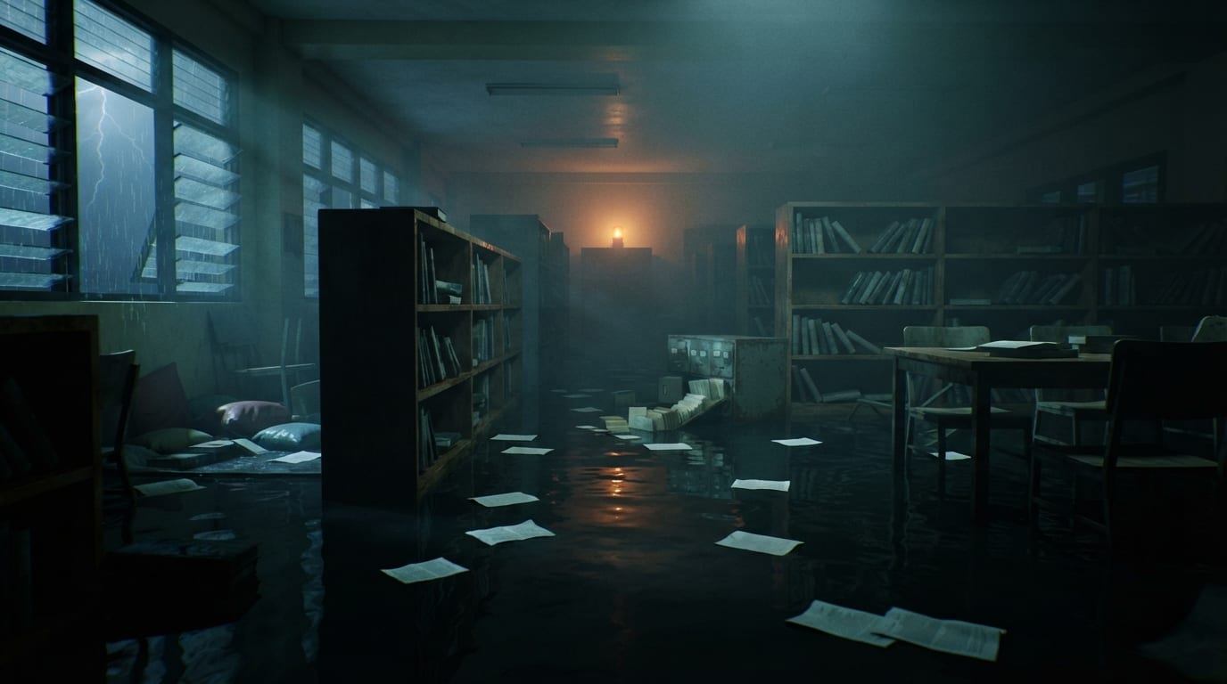 A half-flooded school library