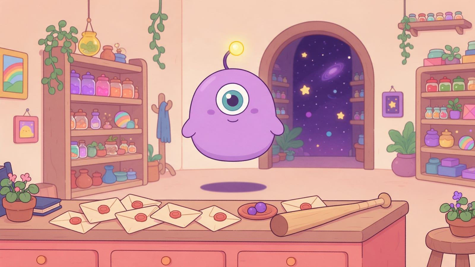 Image: Flat 2D cozy cartoon illustration in soft pastel c