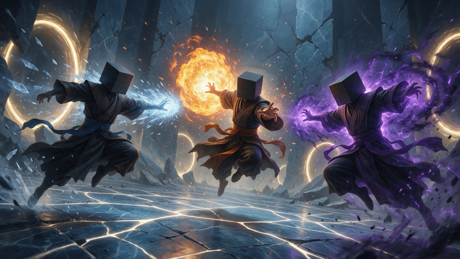 Image: Dramatic painterly fantasy game splash art. Three