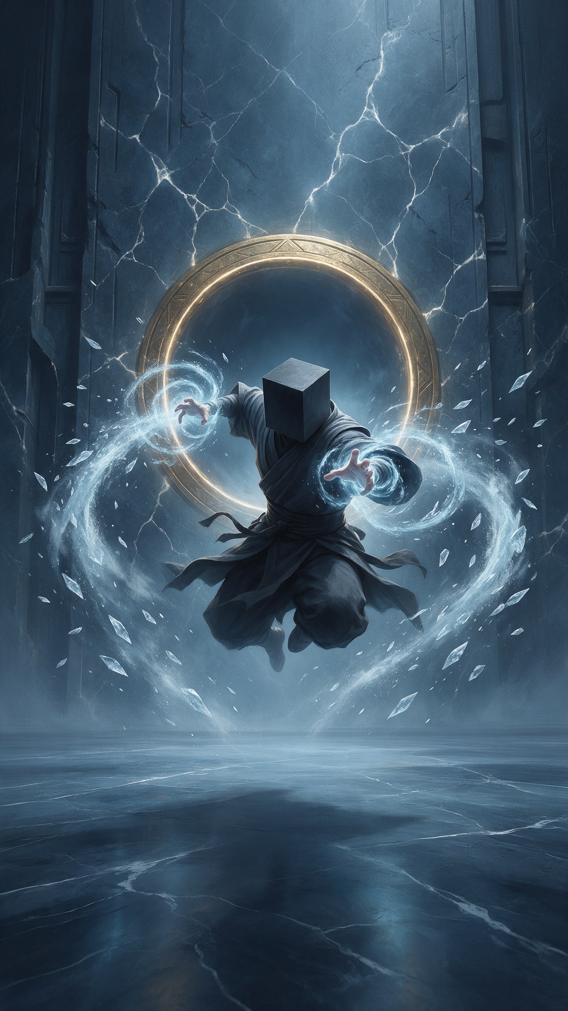 Image: Vertical painterly fantasy game splash art. Upper