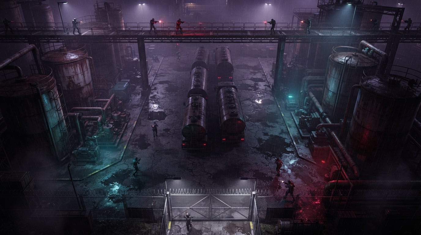 A rain-soaked refinery yard