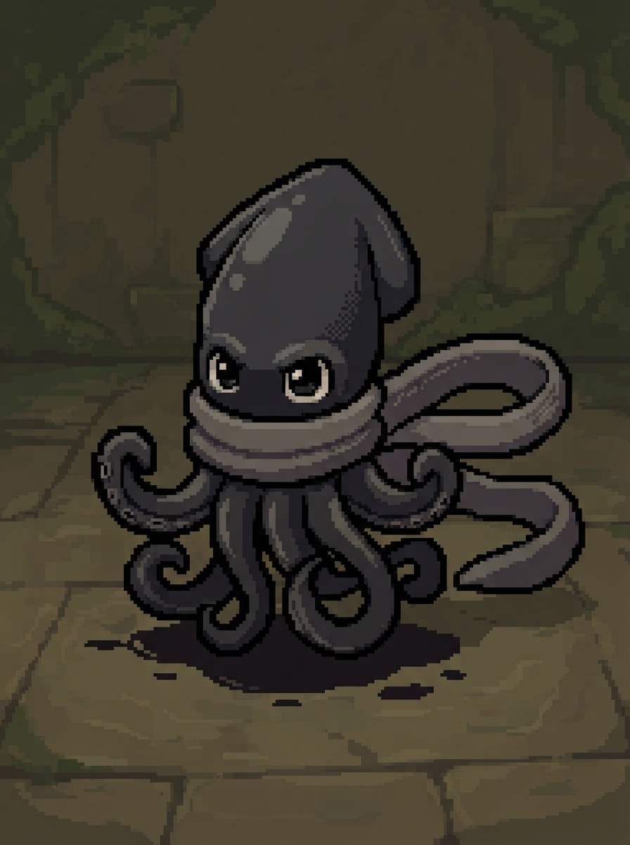 A Black Squid with a Gray Scarf