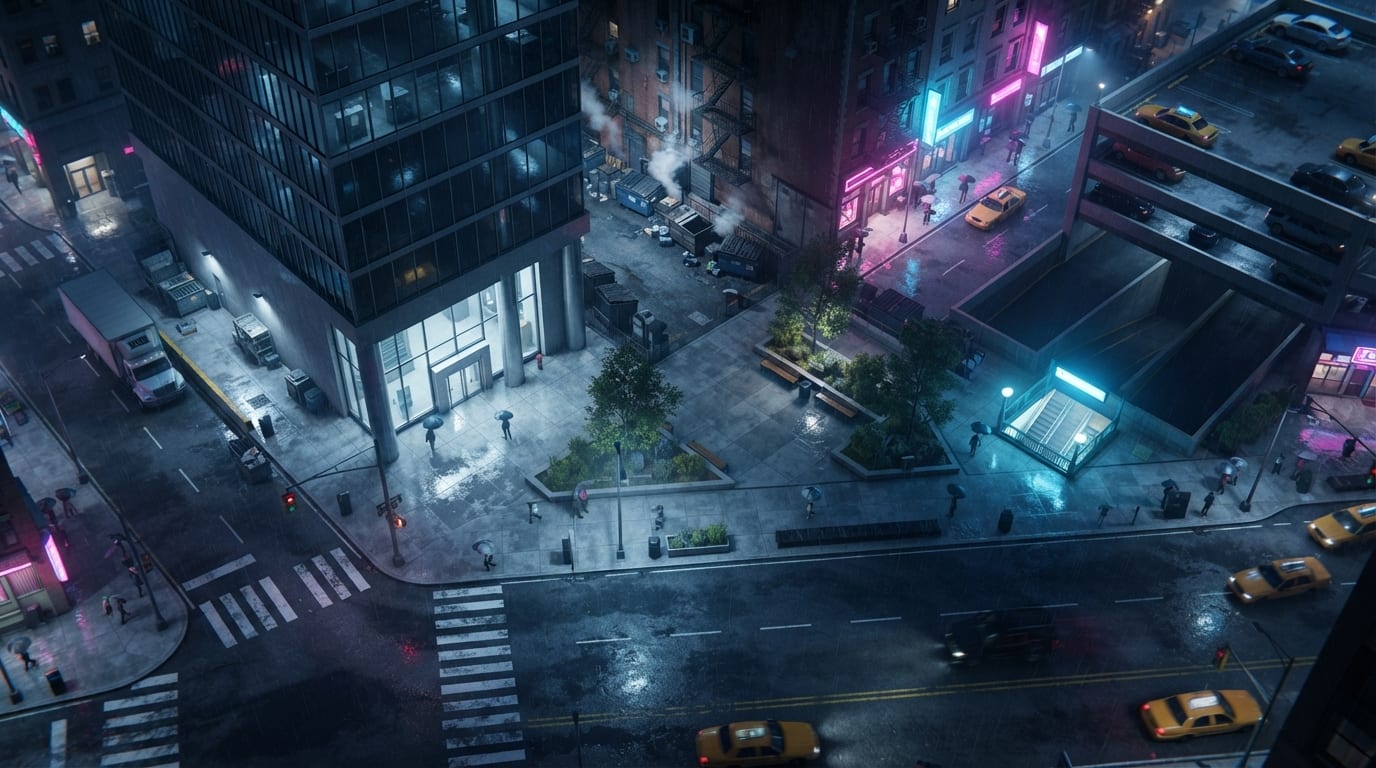 Rain-soaked downtown core