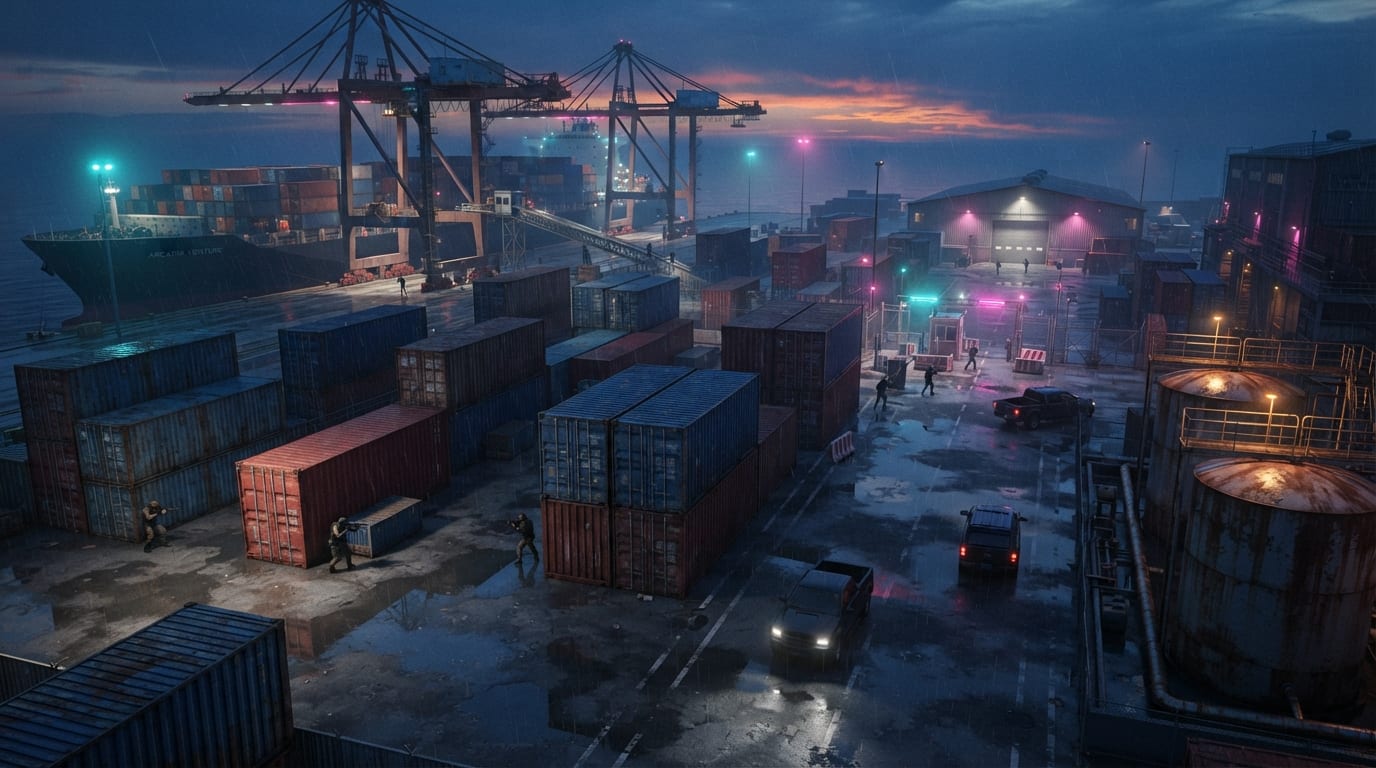Container port at dawn
