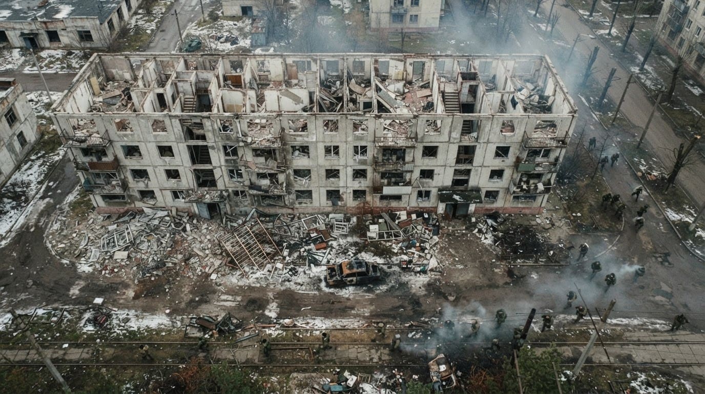 A gutted apartment block