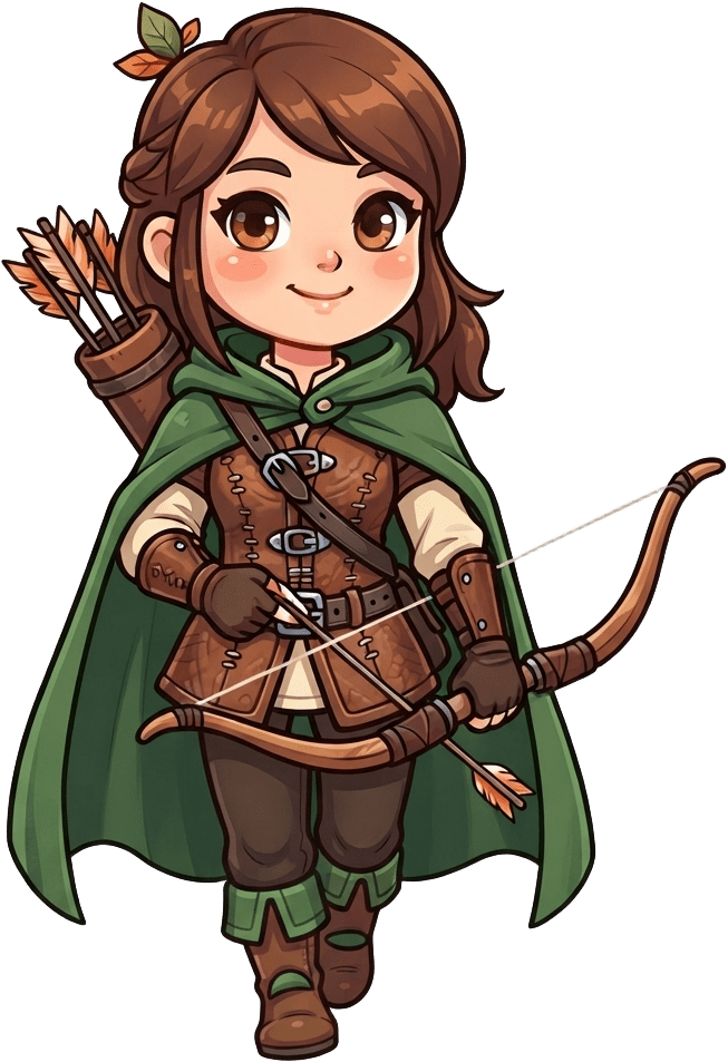 Image: Same chibi archer girl, walk cycle frame 2 of 4: p