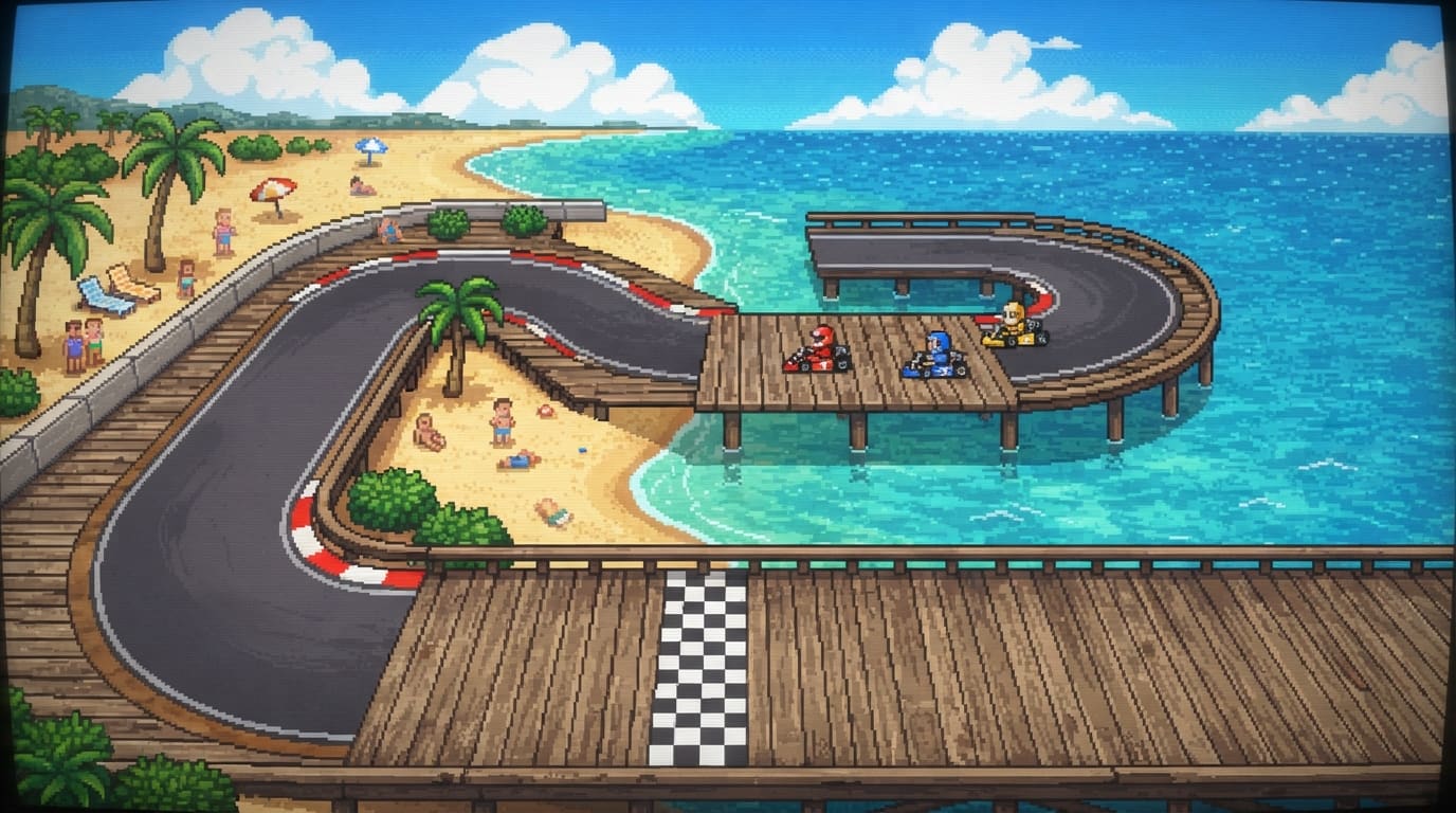 A sunset beach boardwalk