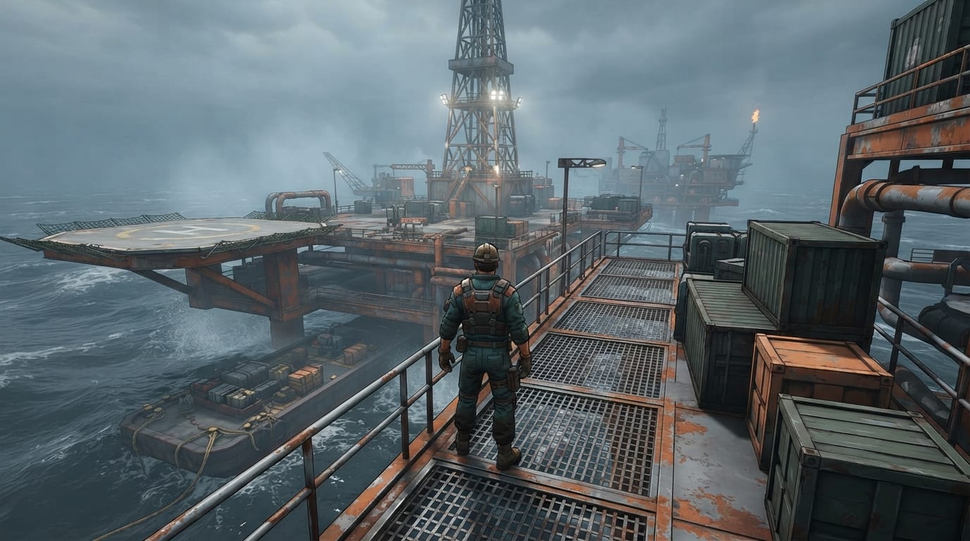 A rusted oil-rig island