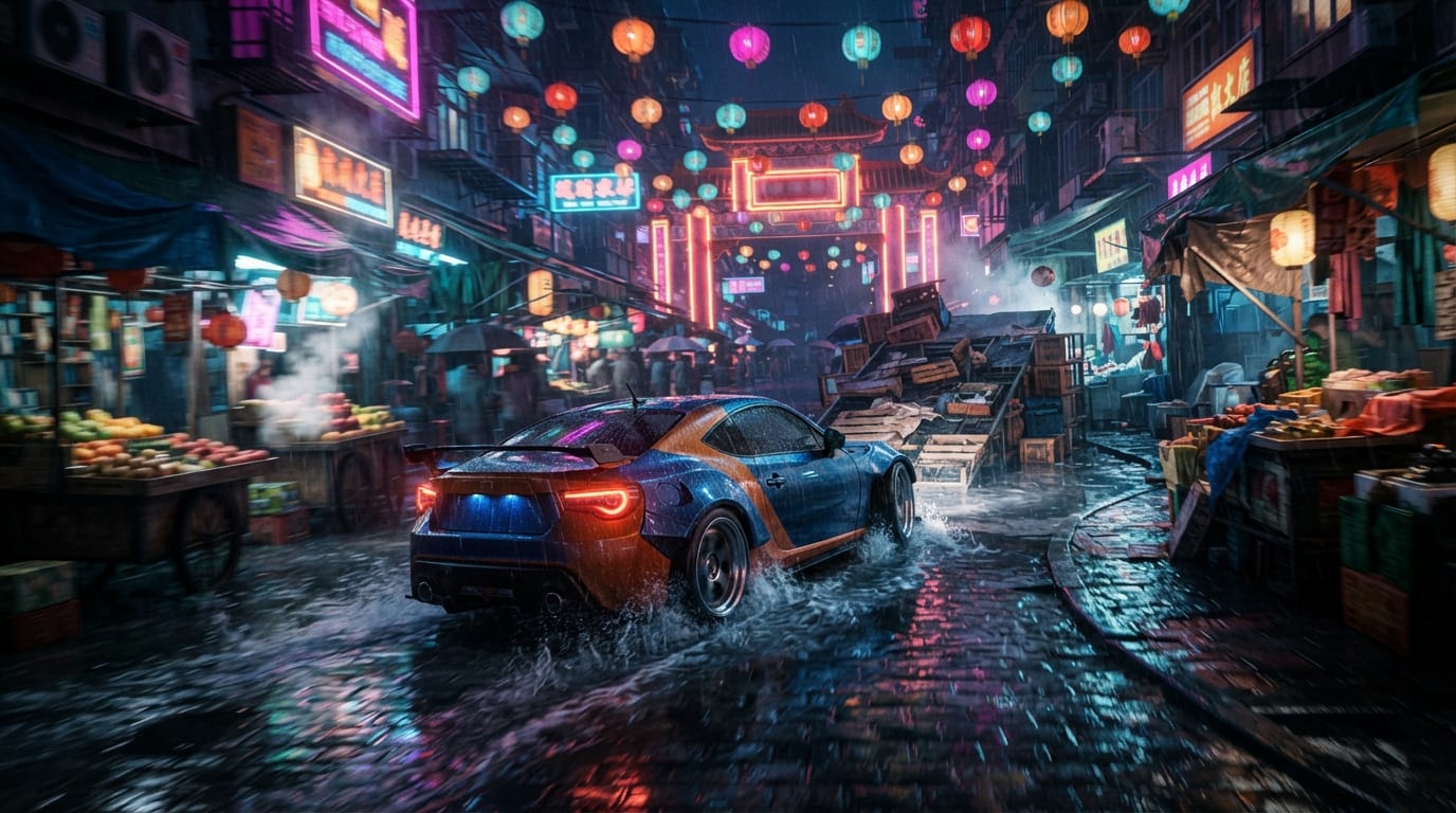 A Flooded Neon Market